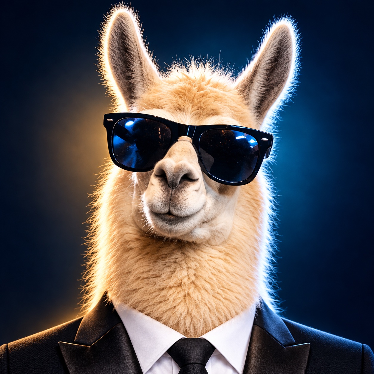 Glama Llama in his tuxedo and sunglasses, lit by gold and blue stage lights